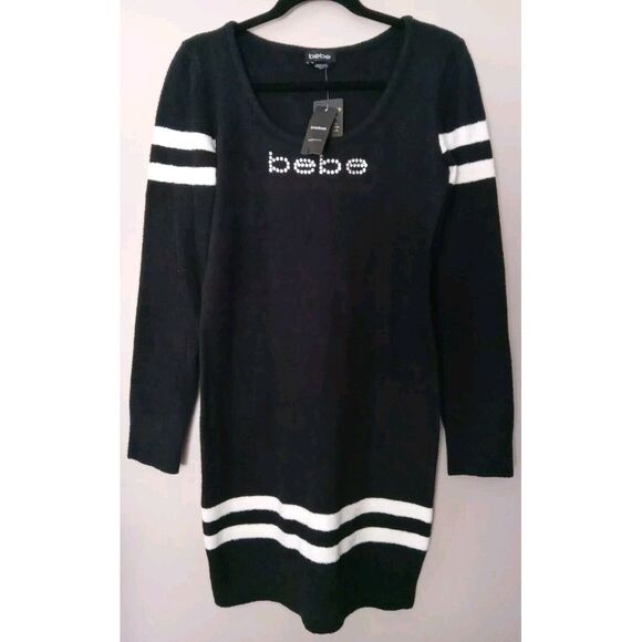 bebe Women Black White Soft Fleece Embellish Swarovski Element dress Size Xlarge - Picture 1 of 10